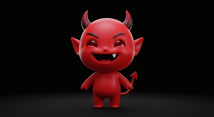 Playful 3D Render of a Red Devil Character with Mischievous Grin on Dark Stage