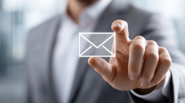 Close-up of a businessman's hand touching a white email icon on a transparent screen, a business contact or work communication concept