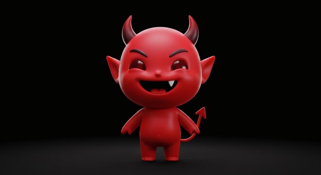 Playful 3D Render of a Red Devil Character with Mischievous Grin on Dark Stage