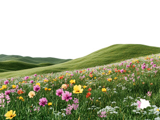 Colorful flowers blooming in lush green hillside landscape, cut out