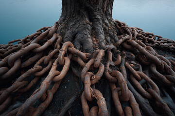 Large tree with roots entangled in rusty metal chains, symbolizing environmental impact of industrialization.


