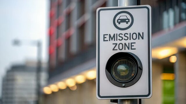 climate action low emissions concept. A sign indicating an emission zone, featuring a red light, designed to regulate vehicle access based on environmental standards.