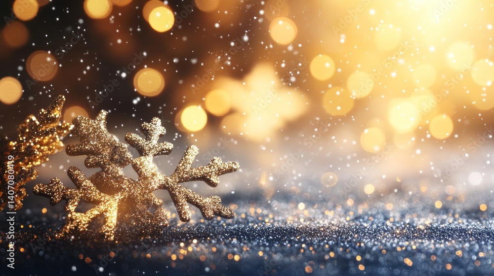 Poster an enchanting close-up of shimmering golden snowflakes resting on a bed of sparkling dust with a war