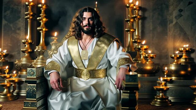 Biblical king dressed in white and gold robes seated on a glowing throne in temple 4K