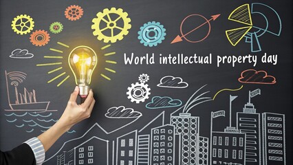 Hand holding glowing bulb on chalkboard celebrating Intellectual Property Day.

