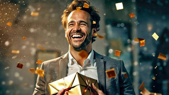 Promotion of a businessman smiling and holding a gift box 4K