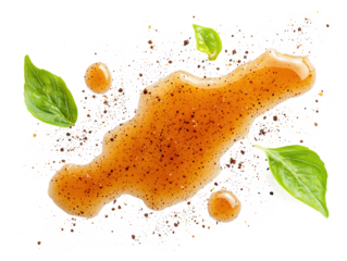 Salad dressing (vinaigrette) dripped and pooled naturally on white, isolated high-resolution image perfect for culinary creatives