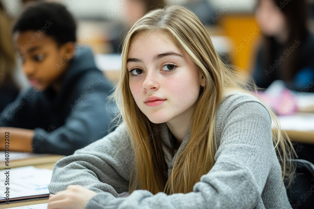 Poster focused student writing during test exam in classroom surrounded by classmates during study session 