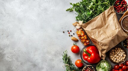 Healthy groceries and vegetables on marble counter