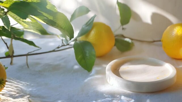 A white plate with a lemon on it sits on a table with two other lemons. The lemons are placed in a way that they are not touching each other, and there is a leafy green plant in the background