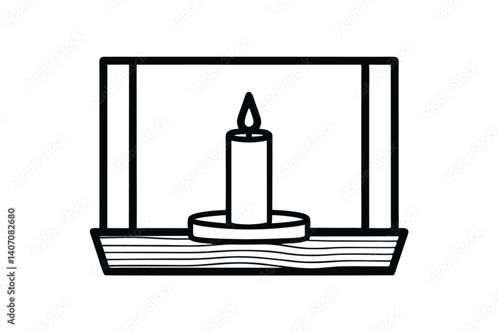 Aufkleber minimalist outline of a candle on a table shelf with window