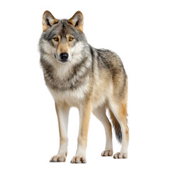 Fototapeta premium Full body portrait of a gray wolf standing alert on a white background. Wildlife concept.