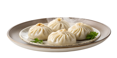 A plate displays an assortment of freshly steamed dim sum dumplings, showcasing their delicate pleats and soft texture. Wisps of steam rise gently from the dumplings, PNG transparent