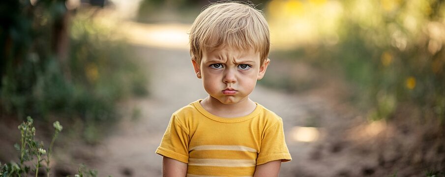 Portrait of grumpy child pouting outdoors in nature