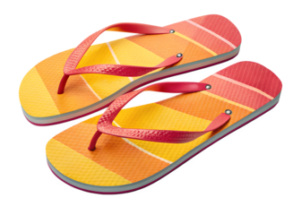 Brightly colored flip flops designed for summer adventures and beach outings. Featuring a vibrant pattern of orange and yellow, these stylish sandals offer comfort and fun PNG transparent