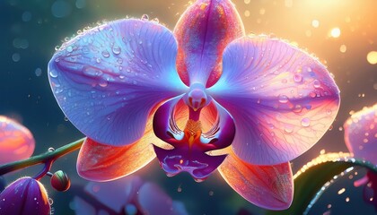 Obraz na płótnie Canvas Early Morning Glow Illuminates an Orchid with DewKissed Petals, Showcasing Intricate Textures and Vibrant Colors of a Peaceful Flower in the Soft Light of Dawn