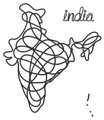 Chaotic scribbled vector line art of India map with abstract continuous strokes. Modern, creative, symbolic, geographic artwork. India, map, vector, scribble, abstract, chaotic, outline, art,vector
