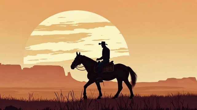 western footage with cowboy slowly riding on a horse & astonishing sunrise & nature landscape