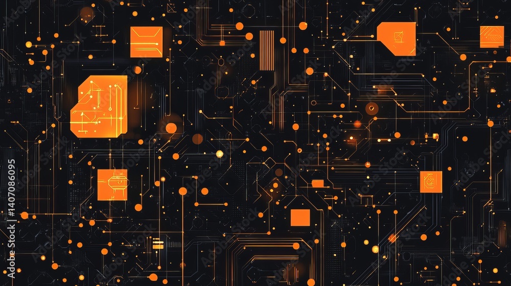 Aufkleber abstract technology background with orange circuit board and glowing connections design element