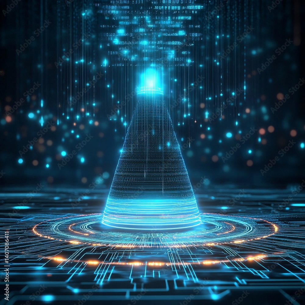 Poster holographic pyramid receiving data stream in futuristic cyberspace