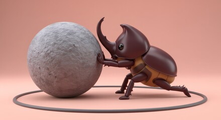 Cartoon rhinoceros beetle pushing a large rock sphere in a stylized setting