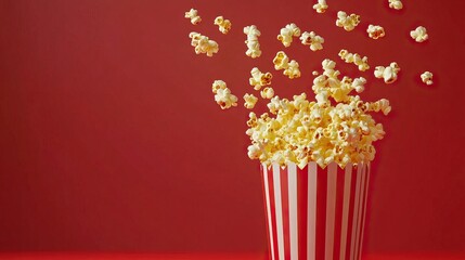 Buttered popcorn spilling from striped paper bucket on red background