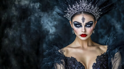 Cosplayer wearing fantasy black swan makeup and costume posing on smoky background