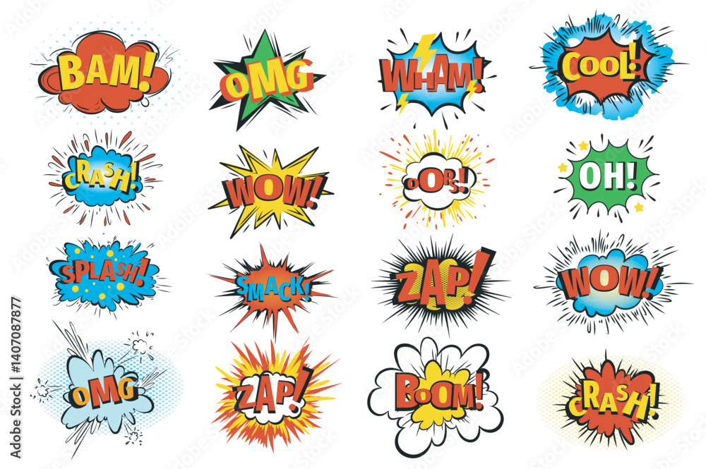 Poster comic speech bubbles set in flat graphic design. collection isolated elements in pop art style explo