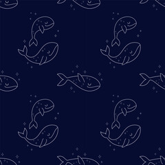 Seamless pattern with space whales swimming in the starry sky