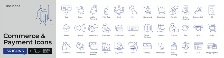 Commerce & Payment Editable Line Icons set. Containing buy, pay, order, shop, price, payment, product, spend, receipt and more.