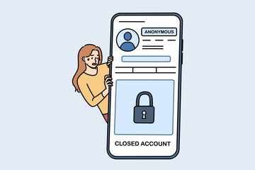 Woman with paranoia uses private account on social networks, stands near phone with anonymous application. Girl is trying to avoid digital surveillance and opens private account to prevent stalking.