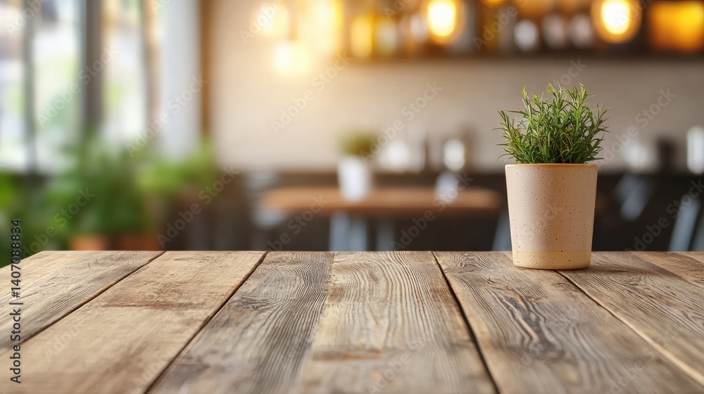 Poster empty wooden table featuring a small plant in a cozy cafe with blurred background
