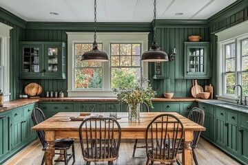 Craftsman-style dining room with dark wood paneling, green walls, wooden table, pendant lights, and old window.