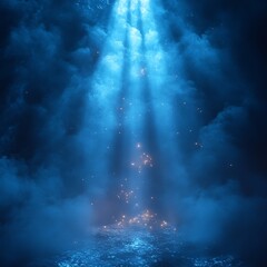 Blue light beams in foggy mist, dramatic background design