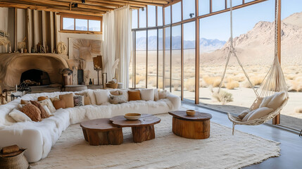 Natural light-filled industrial desert living room with large steel windows, neutral decor, and a suspended swing chair