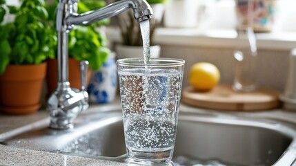 a glass of fresh sparkling water being filled from a faucet in a bright kitchen with plants and a lemon creating a refreshing and healthy hydration scene