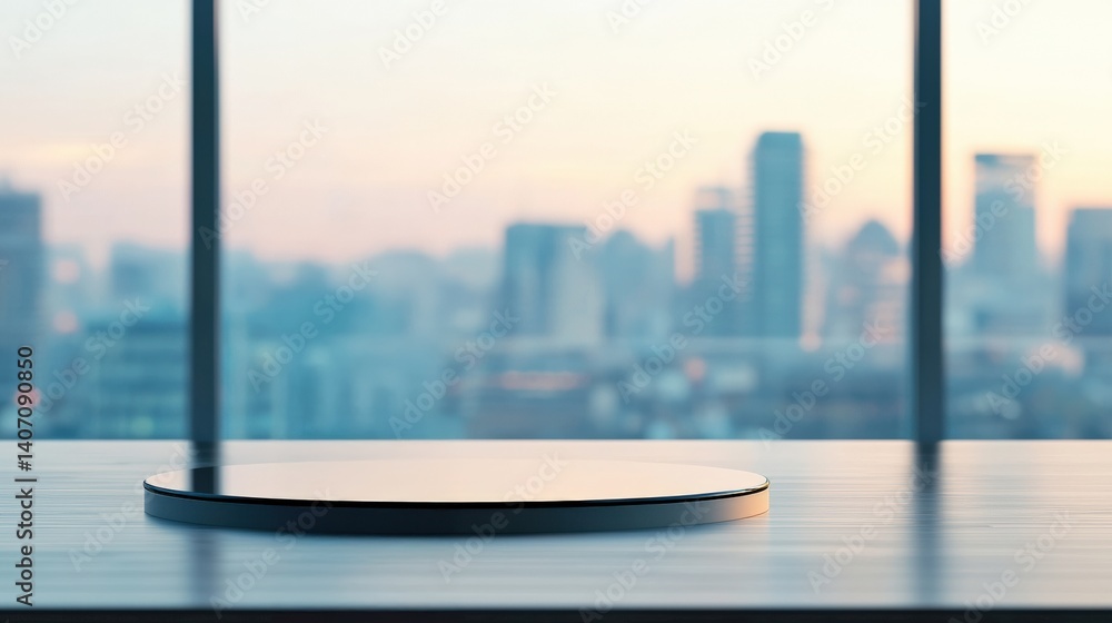 Poster empty round podium displaying luxury products in modern penthouse with city view