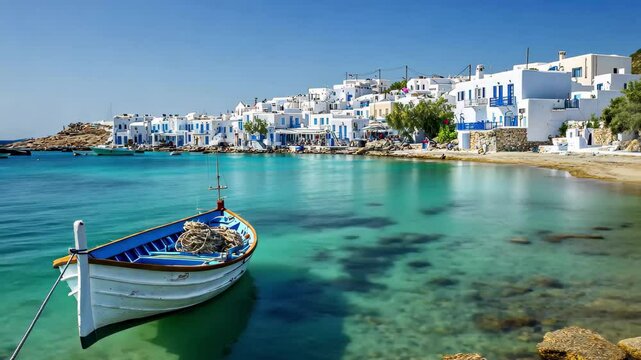 Explore the beauty of Paros, Greece, with crystal clear waters and charming white buildings along the coastline, Cyclades island Paros Greece Mediterranean sea vacation destination