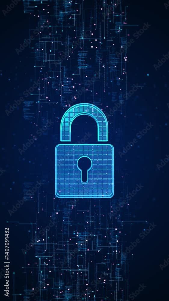 Poster digital security hologram of cybersecurity data protection virtual lock icon circuit board. finance 