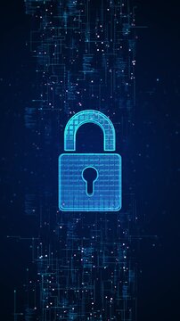 Digital security hologram of cybersecurity data protection virtual lock icon circuit board. Finance privacy VPN service. Blockchain secure crypto wallet. Private cloud storage finance data privacy