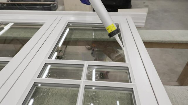 A worker in gloves carefully applies sealant to a window frame using a caulking gun, ensuring a clean, tight bond between the glass and the white frame