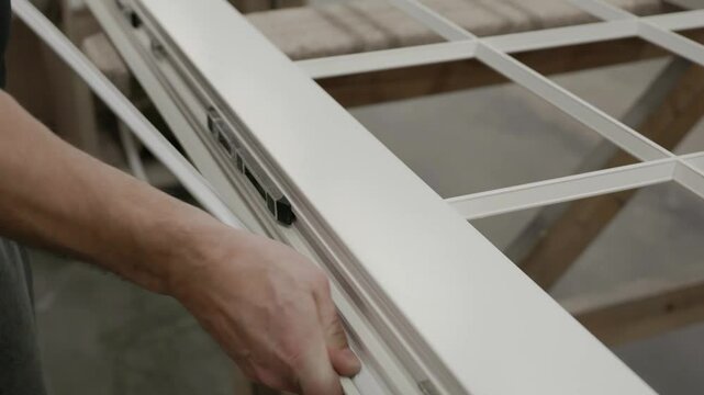 A worker carefully installs a rubber gasket into a white window frame, ensuring a snug fit for optimal sealing, thermal insulation, and noise reduction