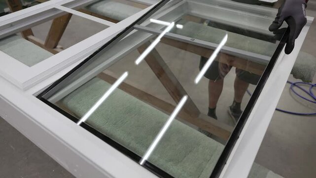 A technician fits a glass panel into a white window frame during the final stage of glazing. Reflections highlight the precision and cleanliness of the process