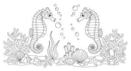 Line Art Illustration Pair of Seahorses Near Coral Outline with Starfish Seashell and Bubble Accents Simple Design
