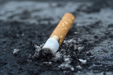 Discarded Cigarette Stub on Ashy Surface Highlighting Environmental Impact and Pollution