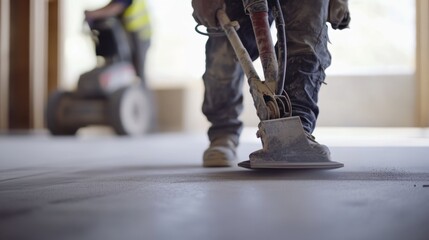 Construction laborer sanding concrete floor. Featuring finishing work and attention to detail