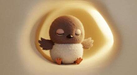 Fototapeta premium Adorable fuzzy chick, eyes closed, small wings outstretched inside a sunlit, cozy space