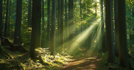 Naklejka premium Sunlight filtering through trees illuminating forest path