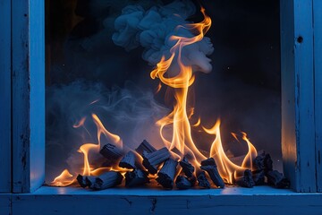 Obraz premium Radiant Flames Highlighting Dim Smoke Fragments in a Blue Background