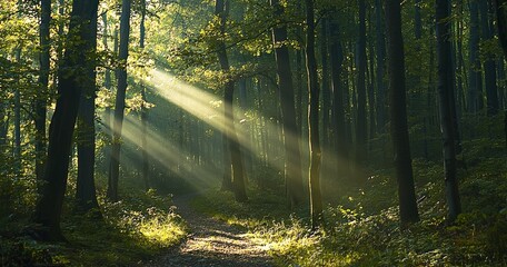 Fototapeta premium Sunlight filtering through trees illuminating forest path